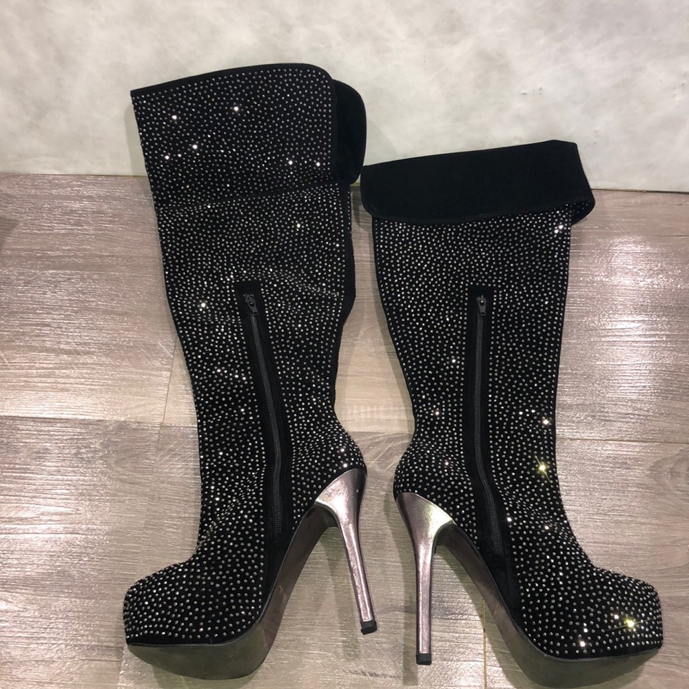 Bella Luna Black and Silver Knee Heeled Boots with Rhinestone Embellishments New